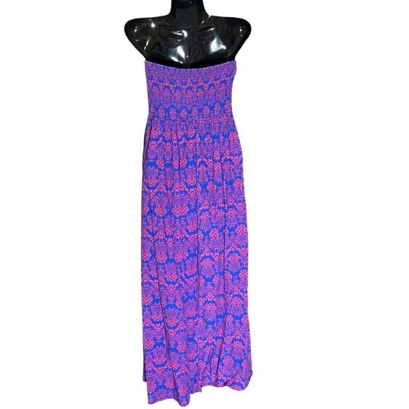 Cupshe Boho Smocked Bodice Maxi Tube Dress Red & Blue Print Sz S MMO Rayon & Vis - Picture 2 of 7